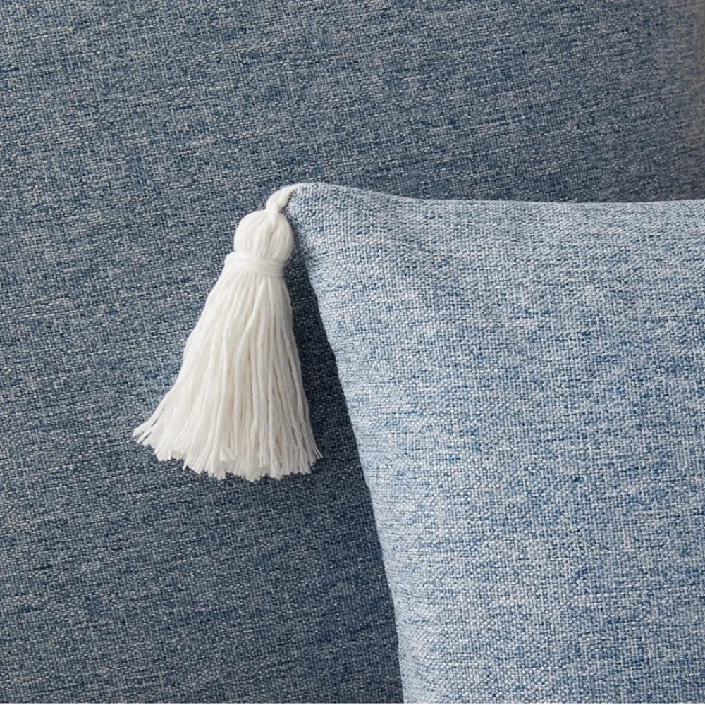 Luxury Home | Boho Coastal Misty Blue & White Tassel Corner Throw Pillow Covers